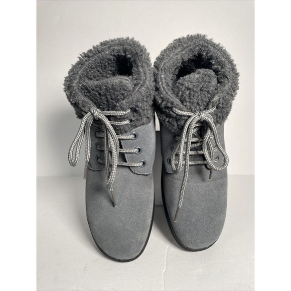 Heavenly Comfort Gray Sherpa Leather Suede Ankle Boots Size 7W Woman’s Booties - Picture 5 of 12